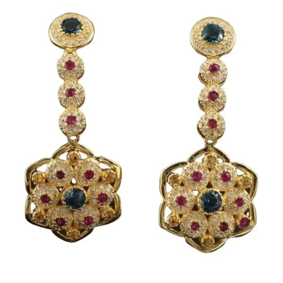 Gold Plated Sterling Silver Topaz Ruby CZ Dangle Earrings - Picture 1 of 7